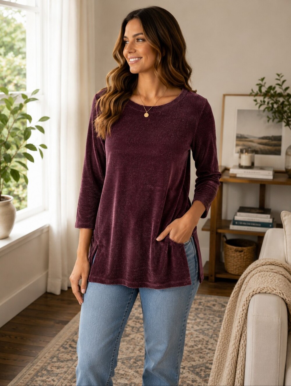 J.Jill Wearever Ribbed Velvet Tunic Top Burgundy Size L Long Sleeve